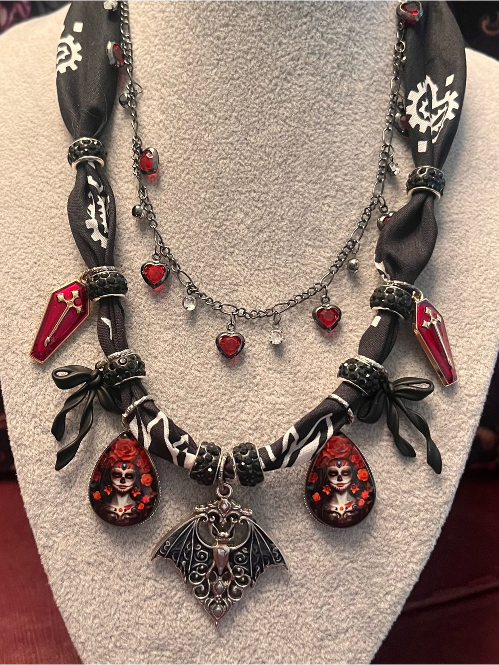 Gothic Bat & Heart Layered Necklace - Black & Red